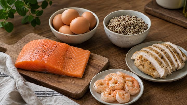 Продукты-источники белка на столе: рыба, яйца, курица, креветки и киноа